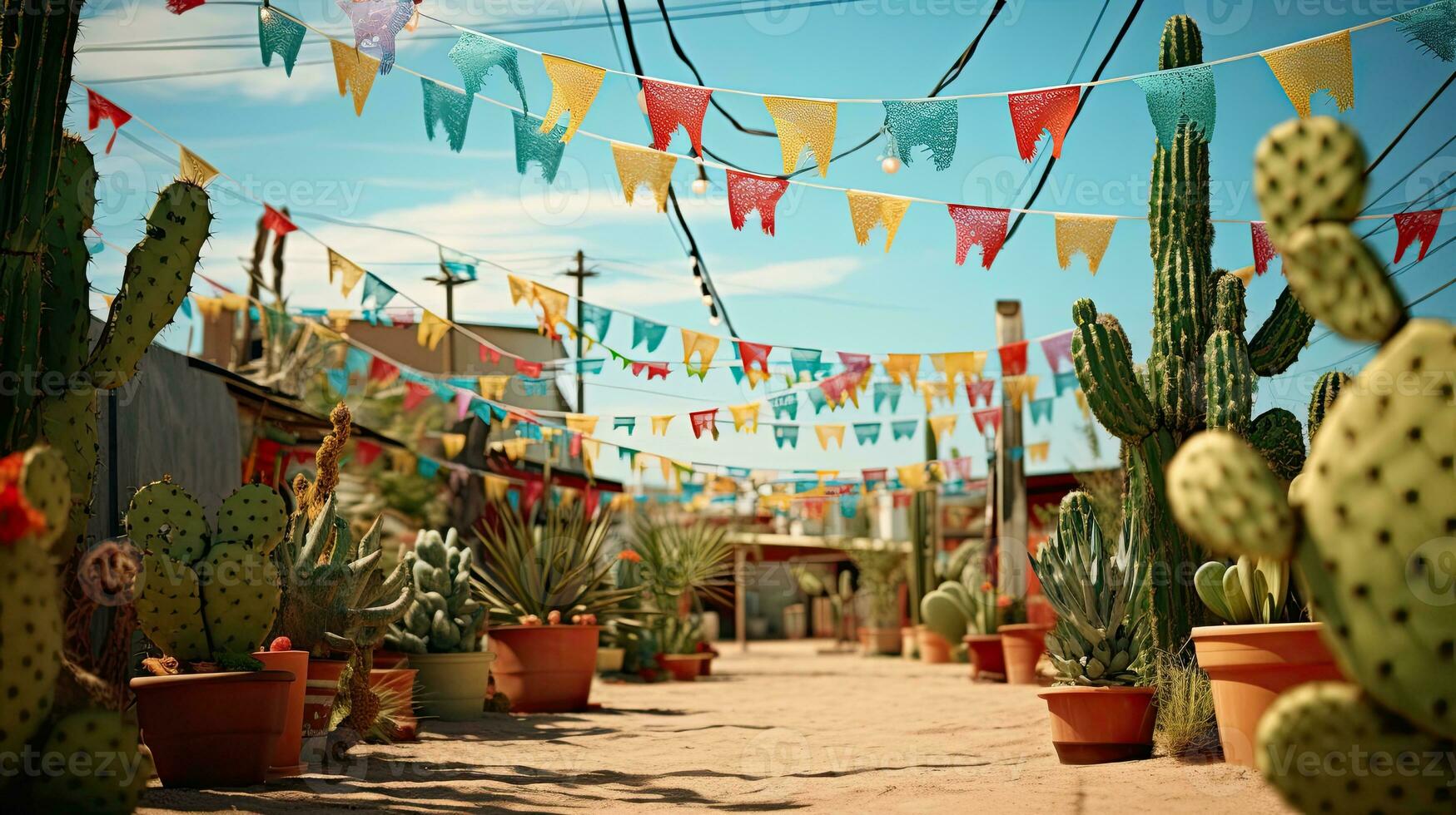 Portrait cactus on the pot with bunting AI Generative photo