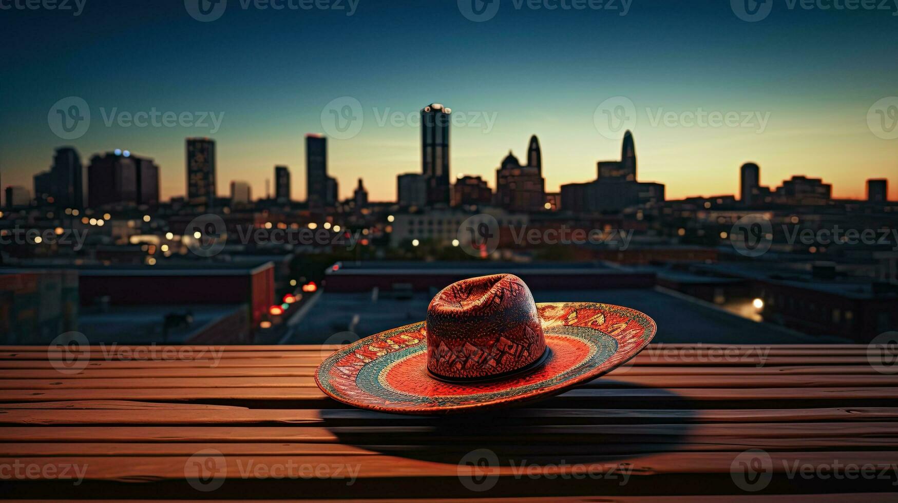 Sombrero hat on the table with light exposure AI Generatie photo