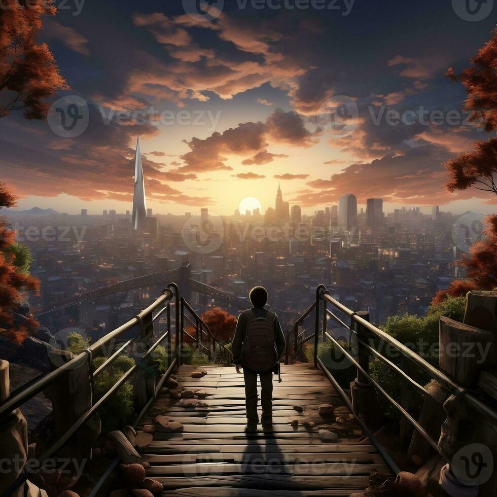 A traveler standing on a bridge overlooking a bustling cityscape generative ai photo