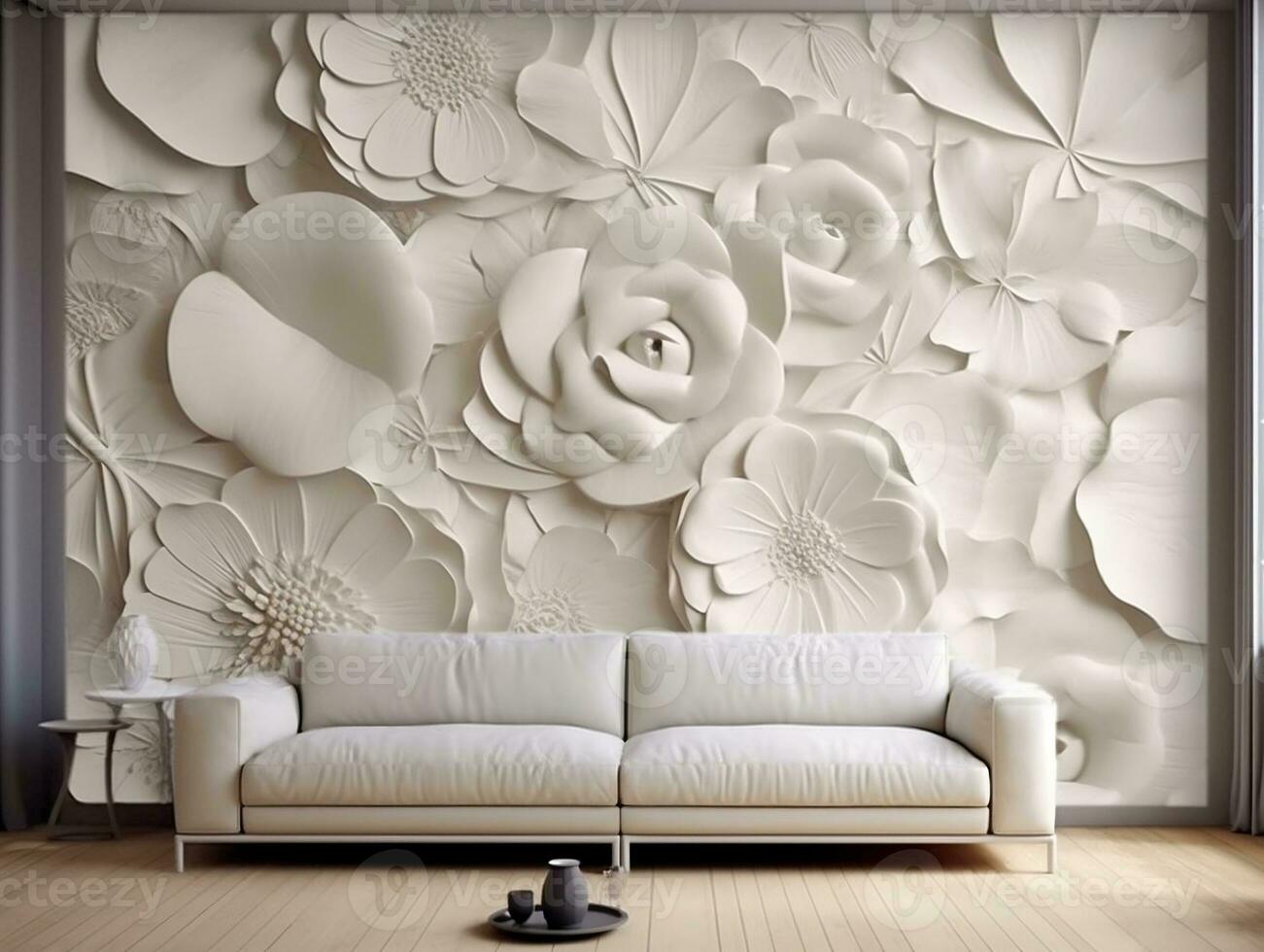 Beautiful Modern Mural Painting Wall art Decor in Living Room with square and flower generative ai photo