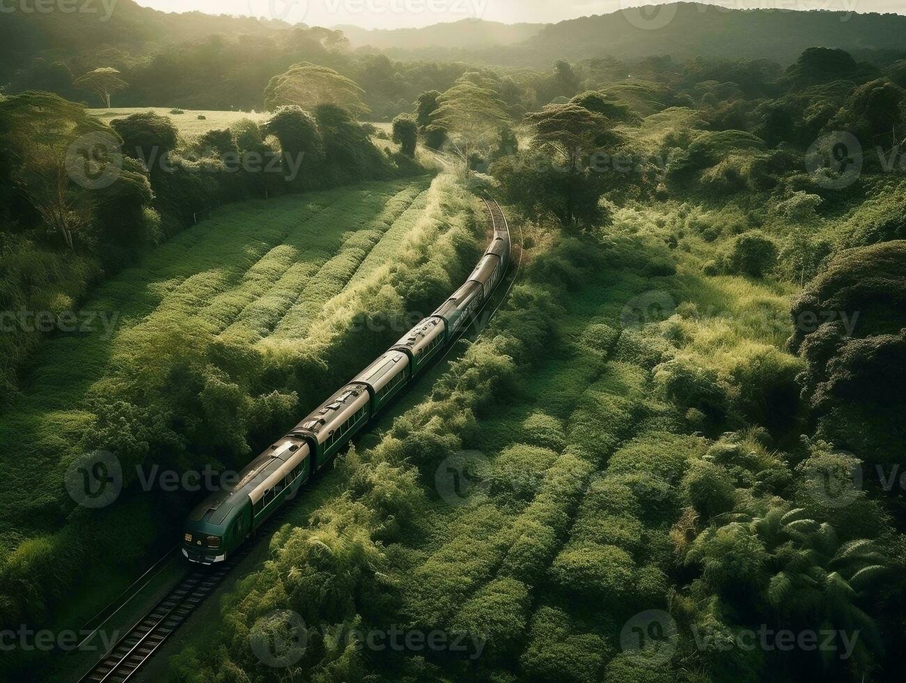 An aerial view of a train passing through a lush countryside generative ai photo