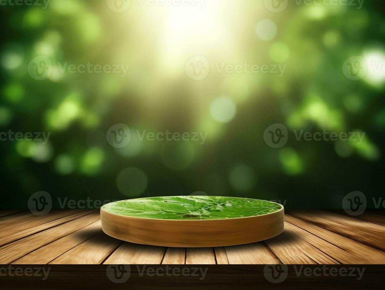 Wooden podium scene background green bokeh with sun light generative ai photo