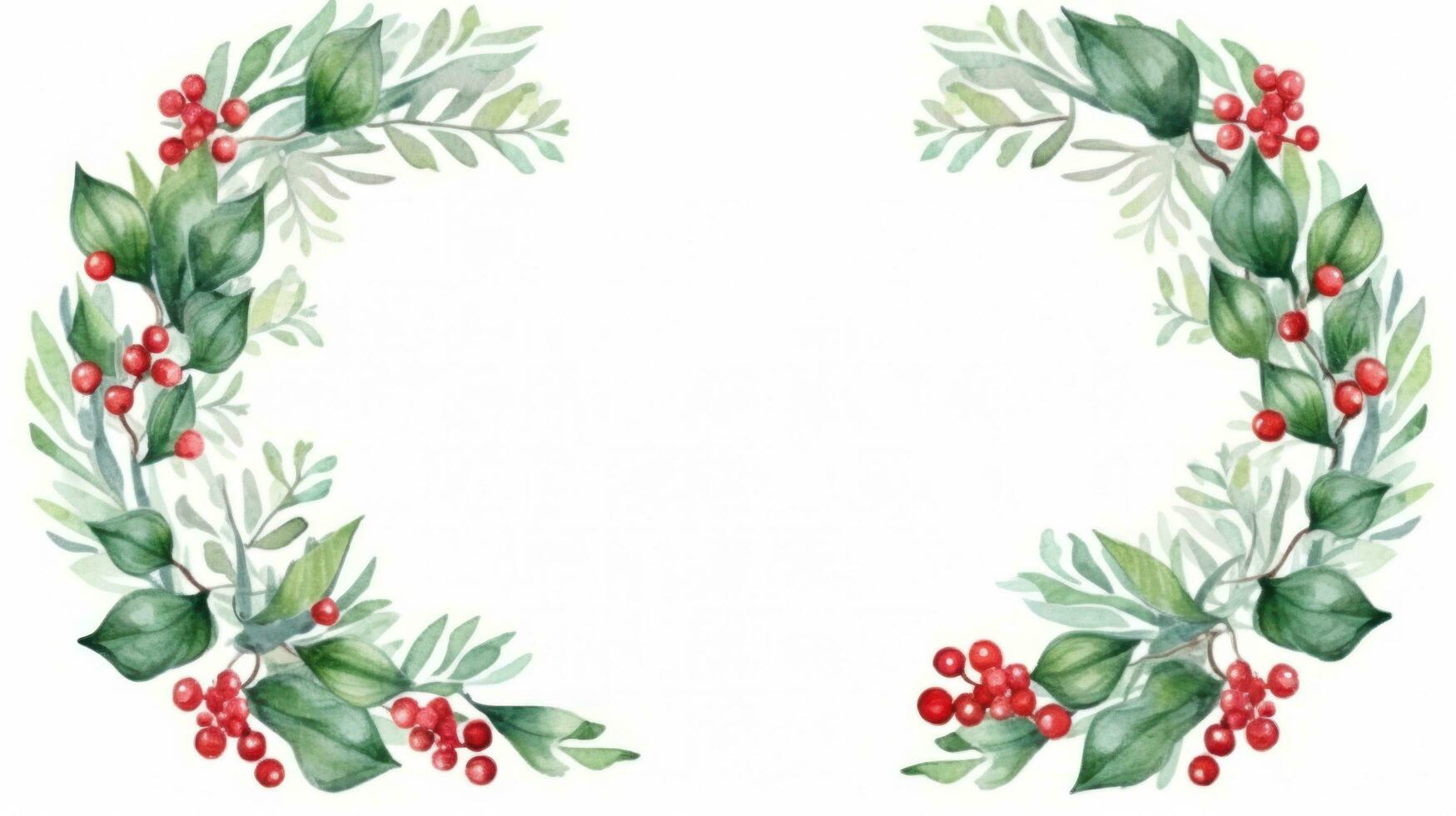Festive watercolor Christmas wreath with red berries and a frame. photo