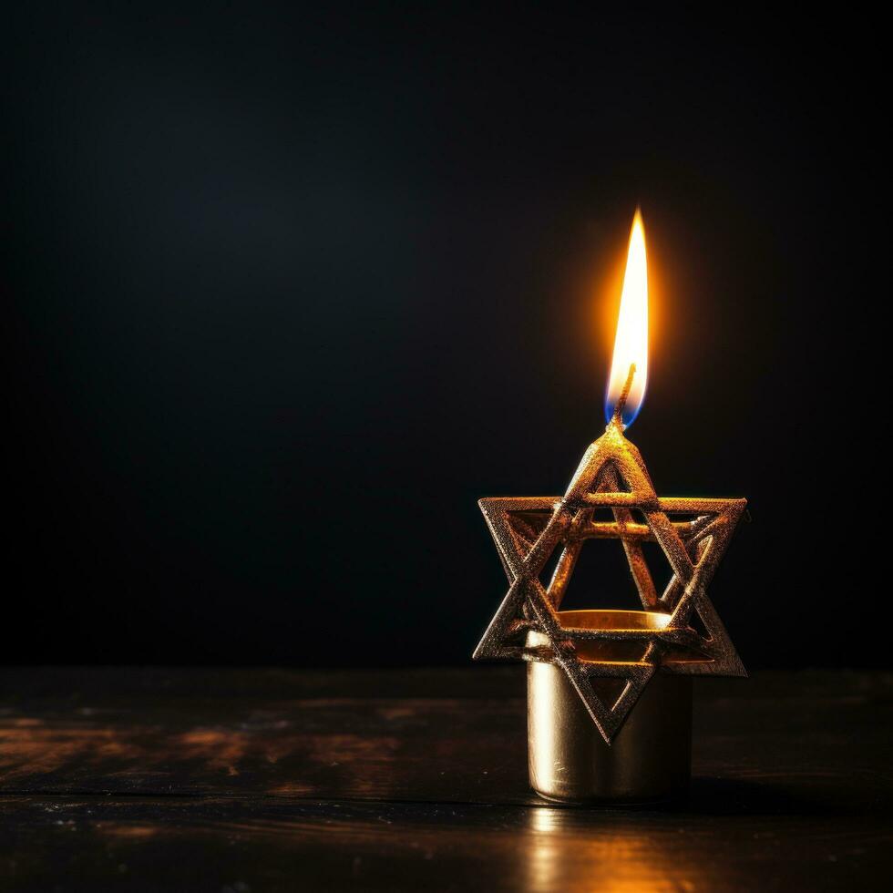 a candle burns against the background of the star of David photo