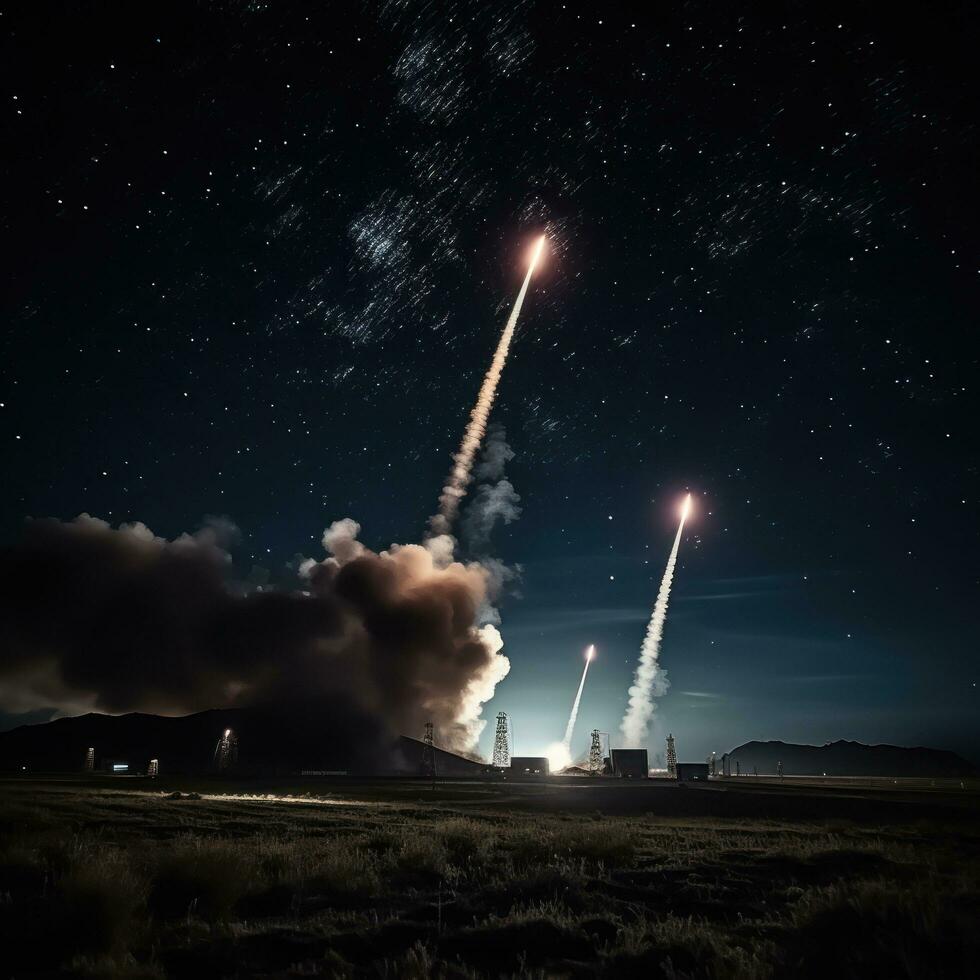 combat missiles fly in the night sky. flight trail behind photo