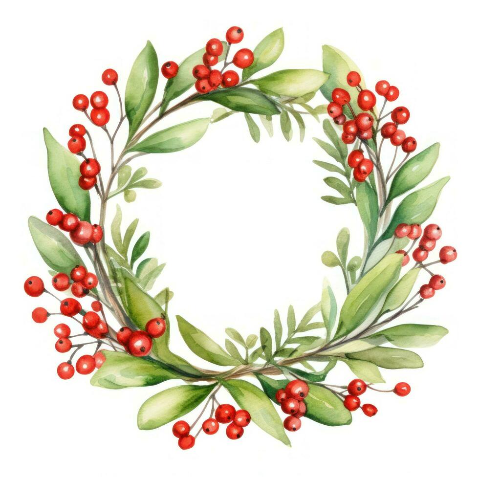 Watercolor mistletoe wreath with red berries and a wooden frame photo