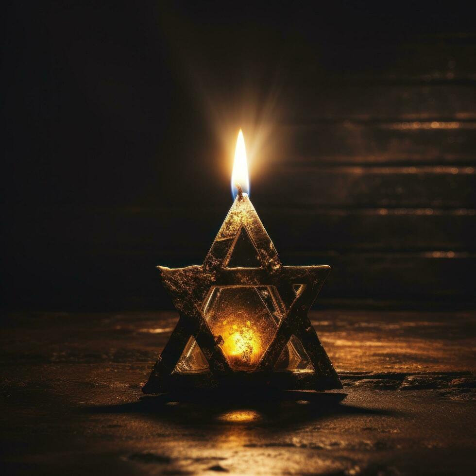 golden star of david on a black background. a candle is burning below photo