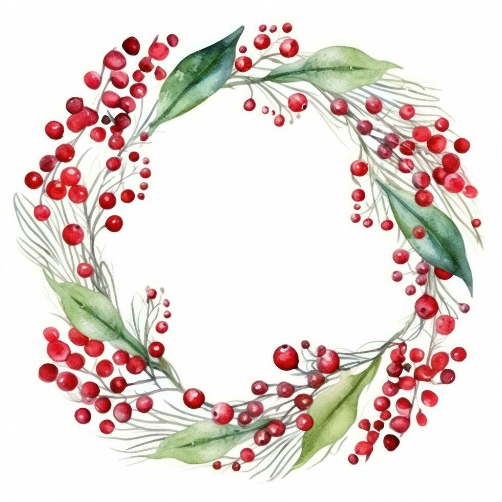 Festive watercolor Christmas wreath with red berries and a frame. photo