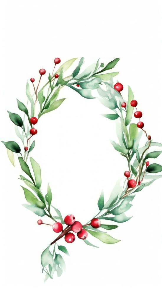 Watercolor mistletoe wreath with red berries and a wooden frame photo