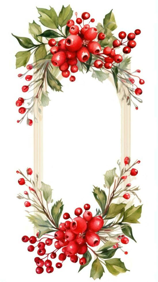 Festive watercolor Christmas wreath with red berries and a frame. photo