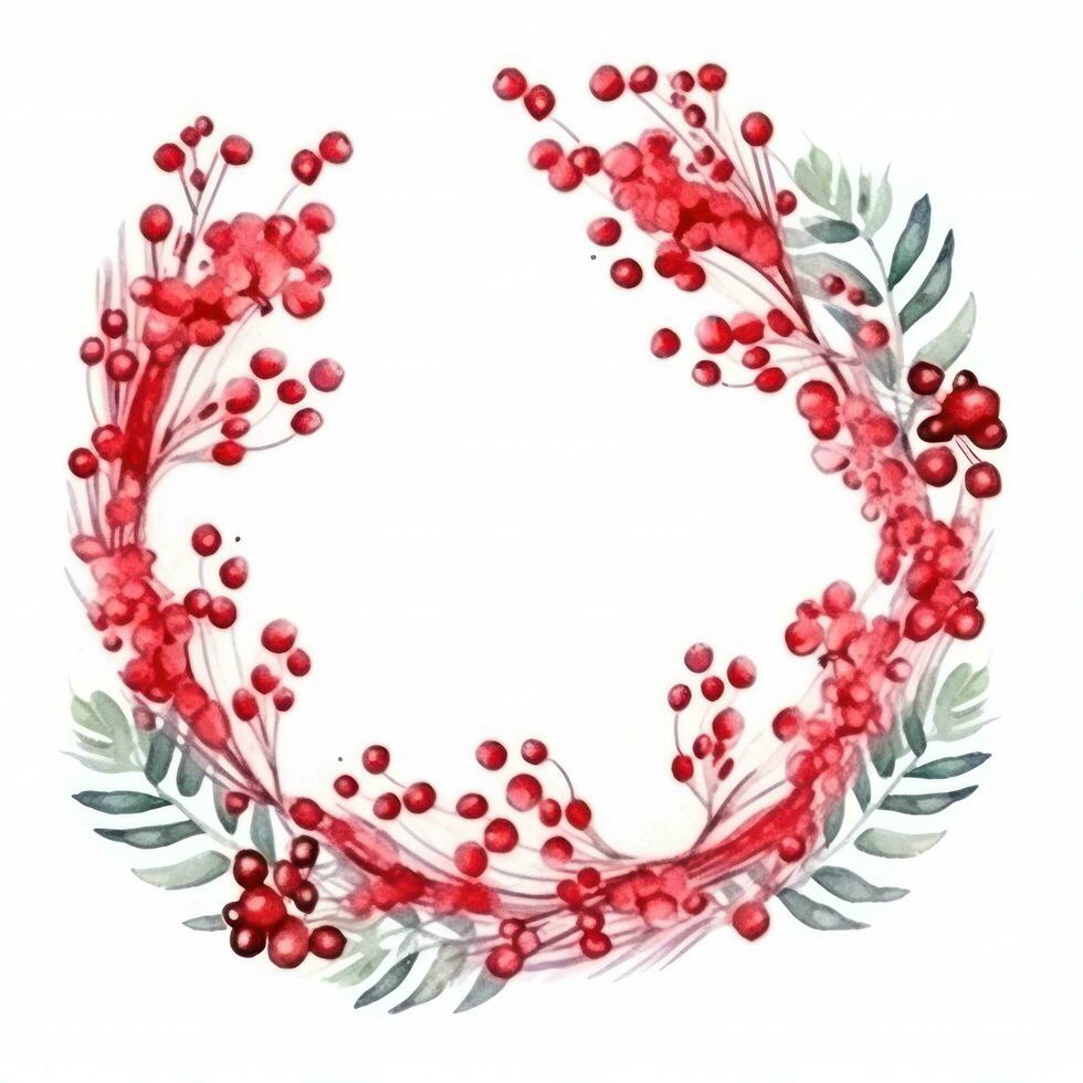 Festive watercolor Christmas wreath with red berries and a frame. photo