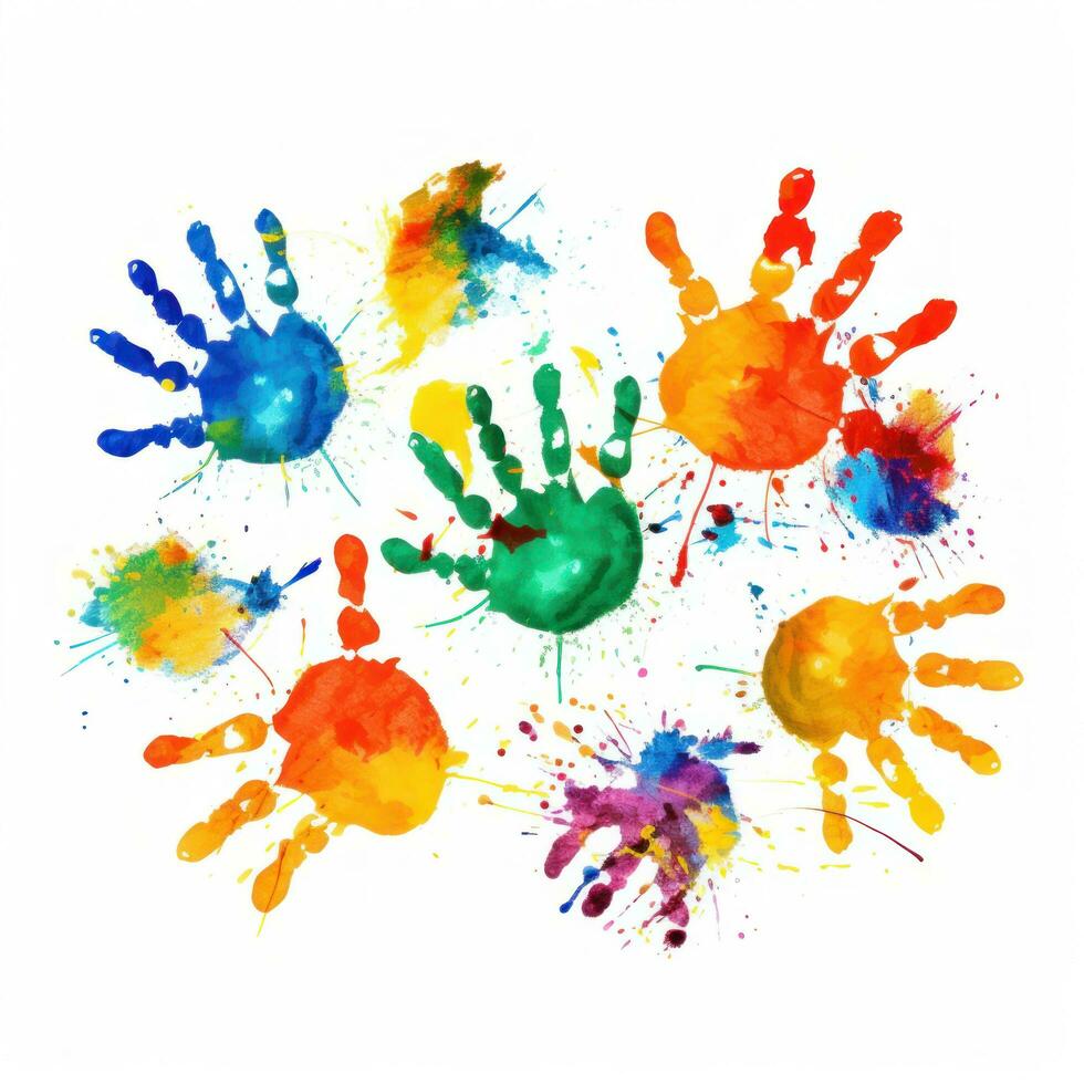 Colorful handprints on white background photo