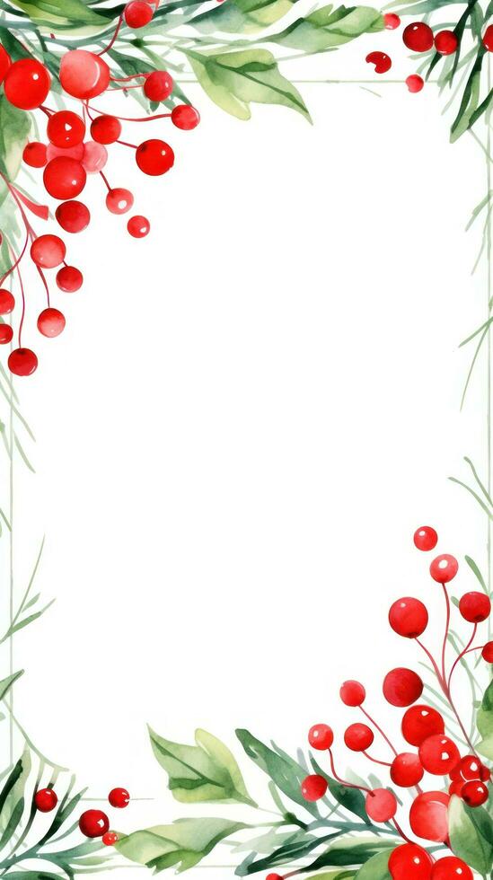 Festive watercolor Christmas wreath with red berries and a frame. photo