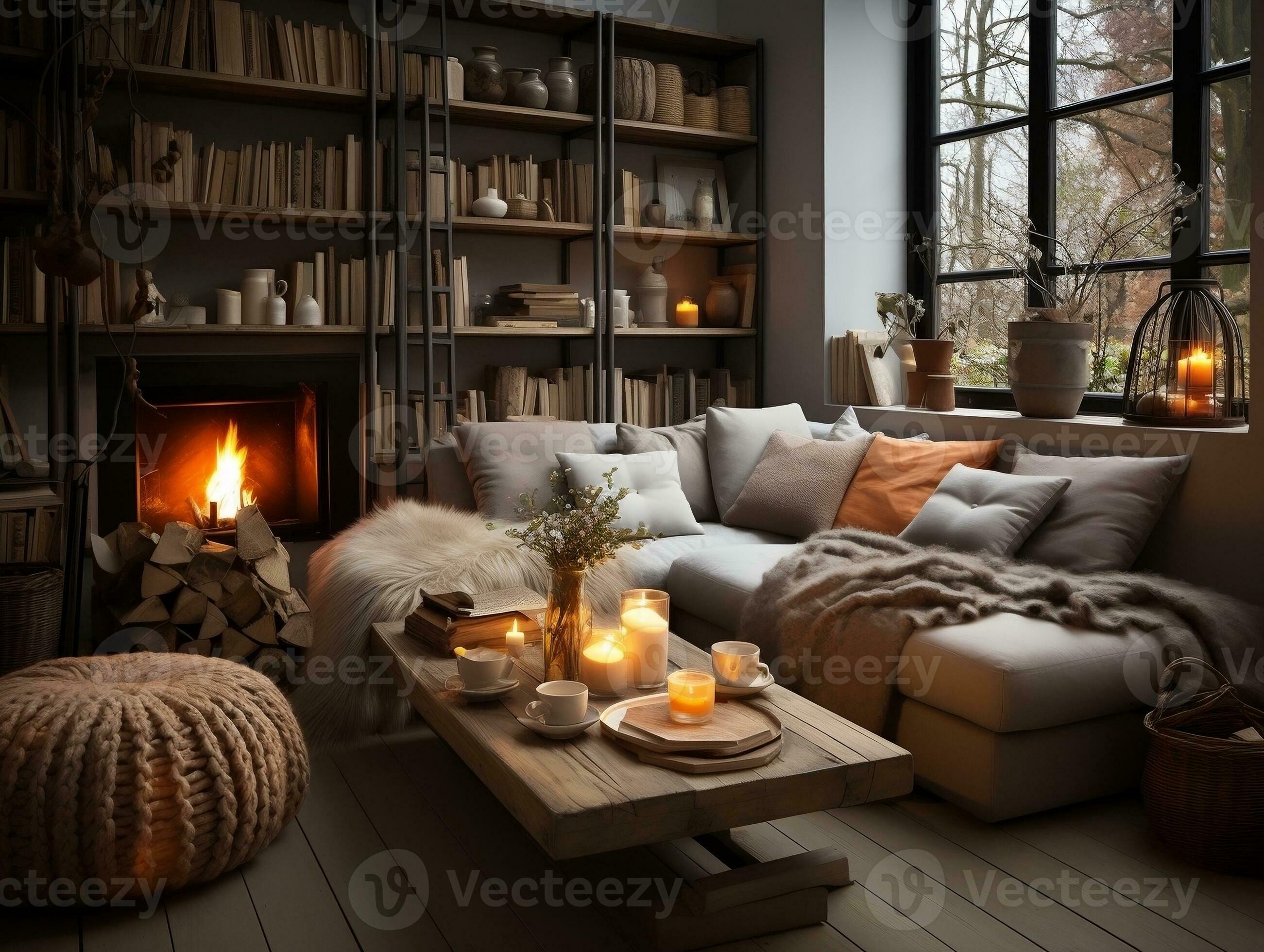 A cozy modern living room is adorned with wooden accents
