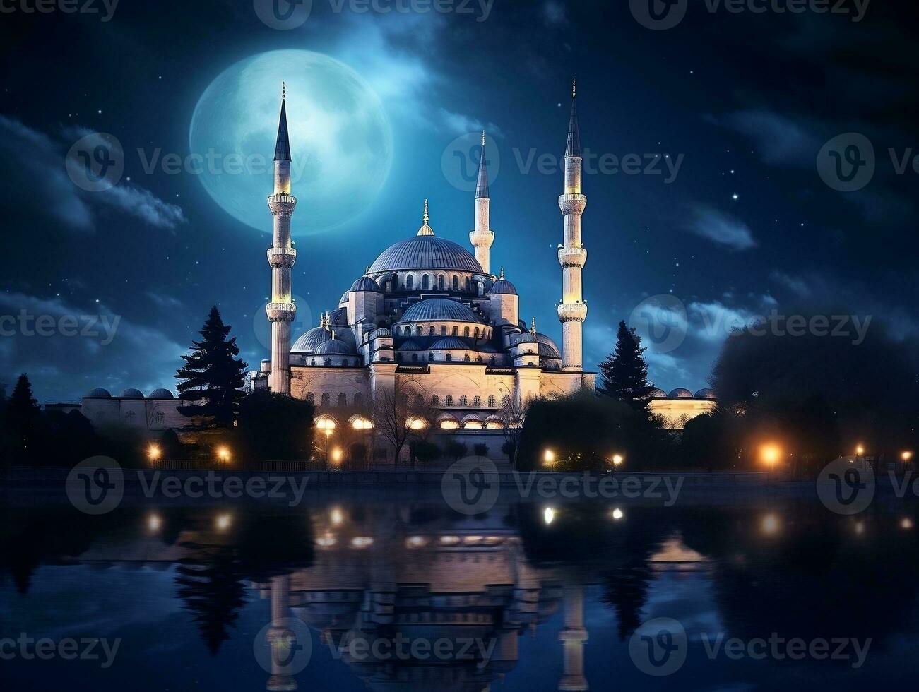 Beautiful blue mosque under a full moon generative ai photo