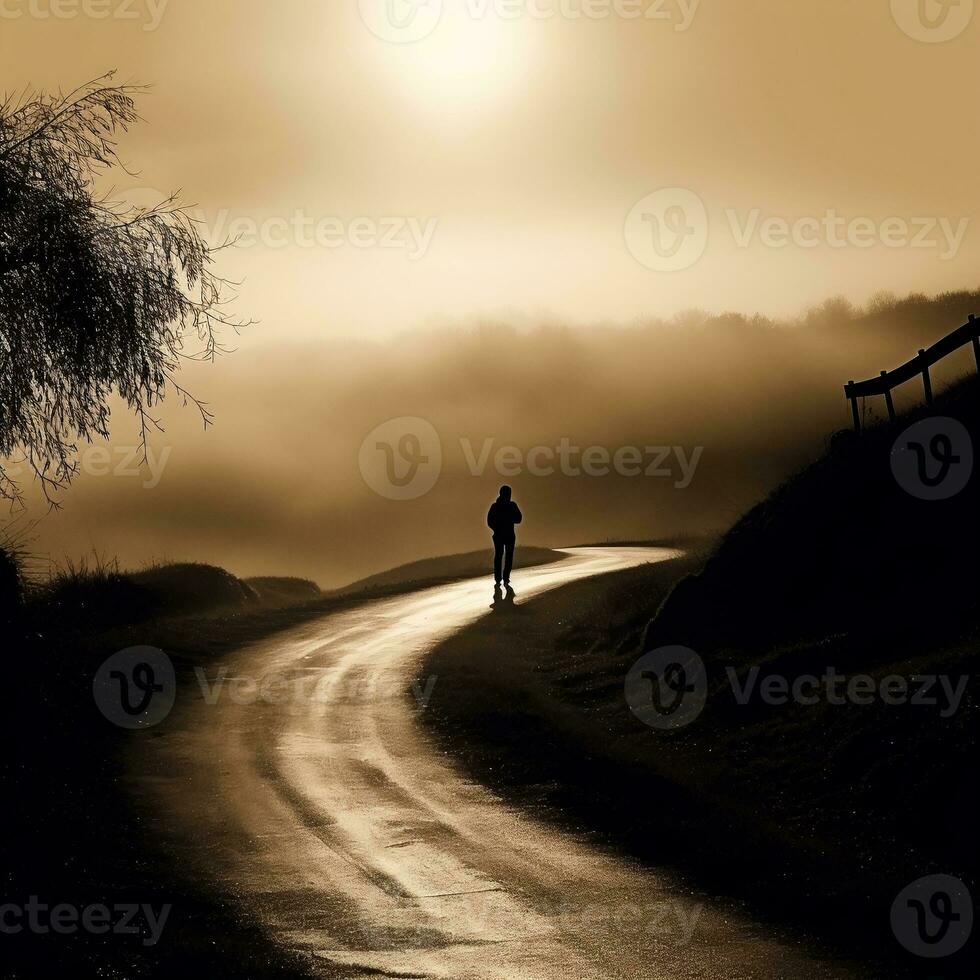 A silhouette of a person walking along a winding road generative ai photo