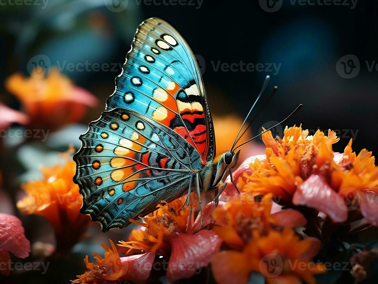 Macro insect photography capturing the delicate beauty of a colorful butterfly perched on a blooming flower generative ai photo