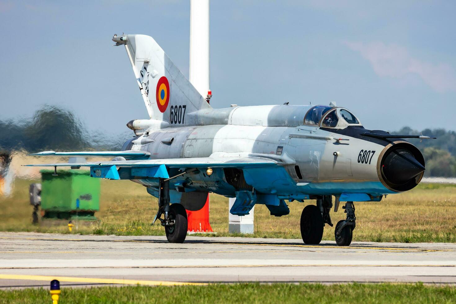MiG-21 military fighter jet plane at air base. Air force flight operation. Aviation and aircraft. Air defense. Military industry. Fly and flying. photo