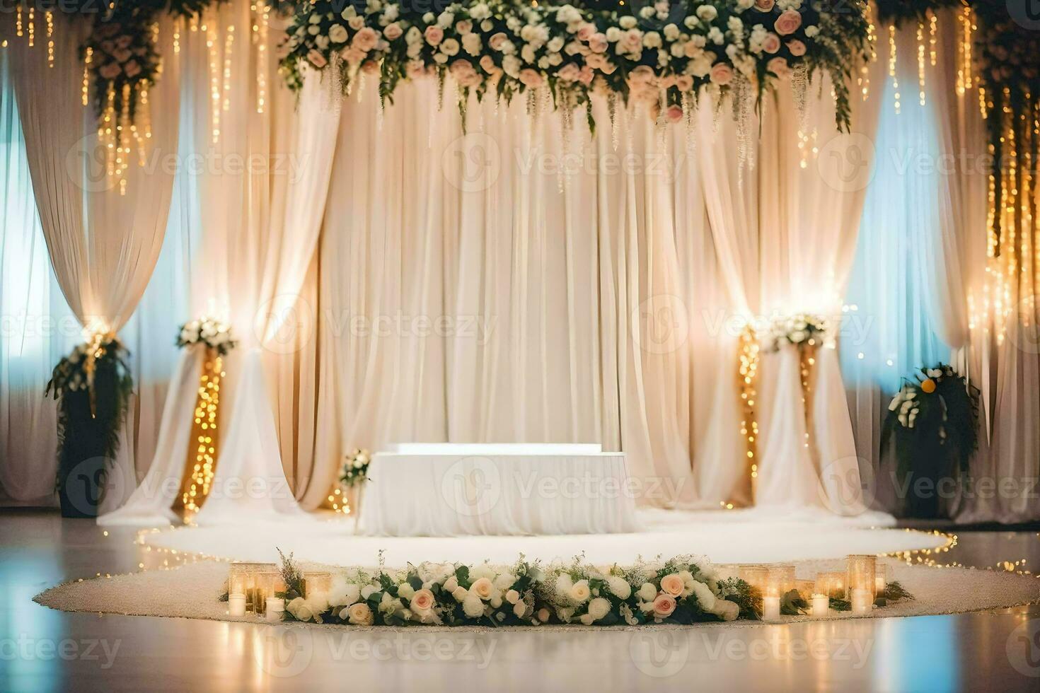 Boda ceremonia con flores y velas generado por ai foto