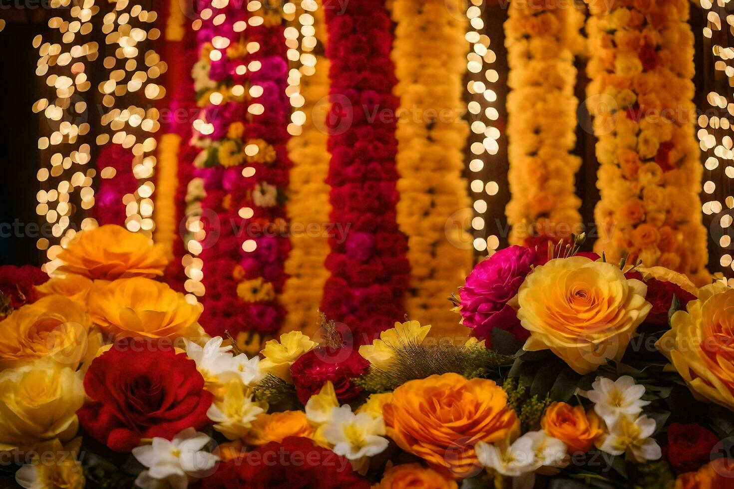 flowers and garlands in a room with lights. AI-Generated photo