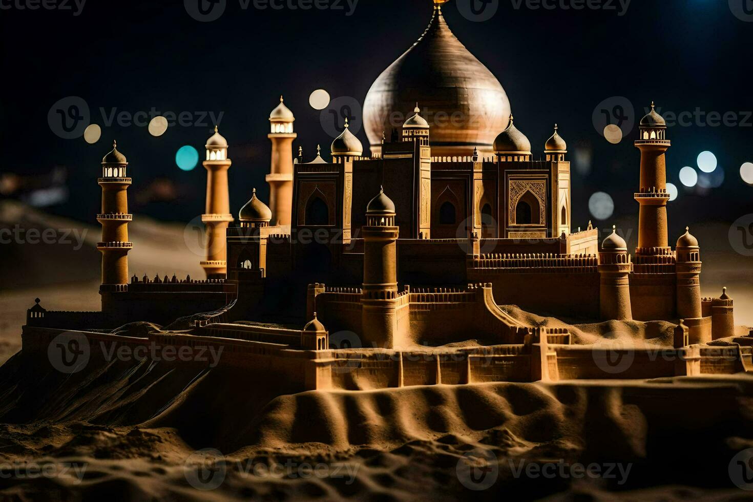 a sand castle is shown in the desert at night. AI-Generated photo