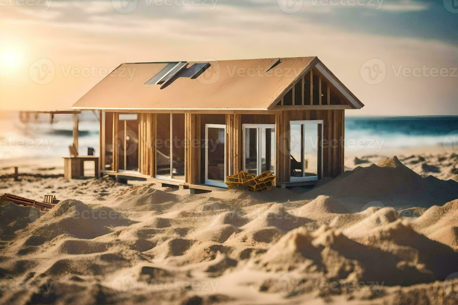 a tiny house on the beach with the ocean in the background. AI-Generated photo