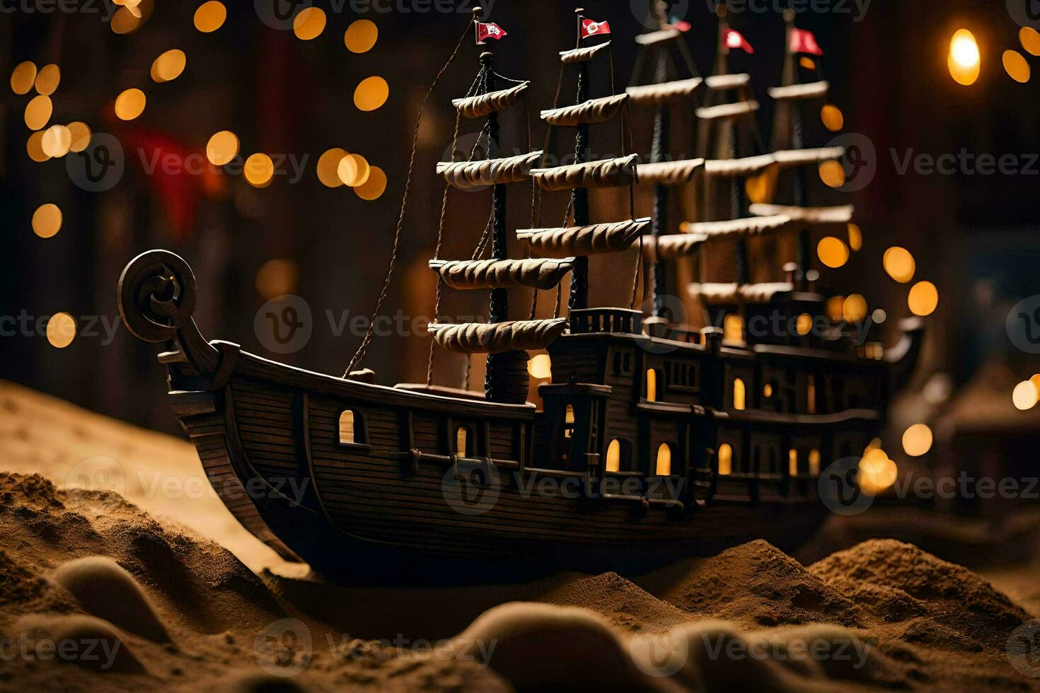 a model of a pirate ship on sand. AI-Generated photo