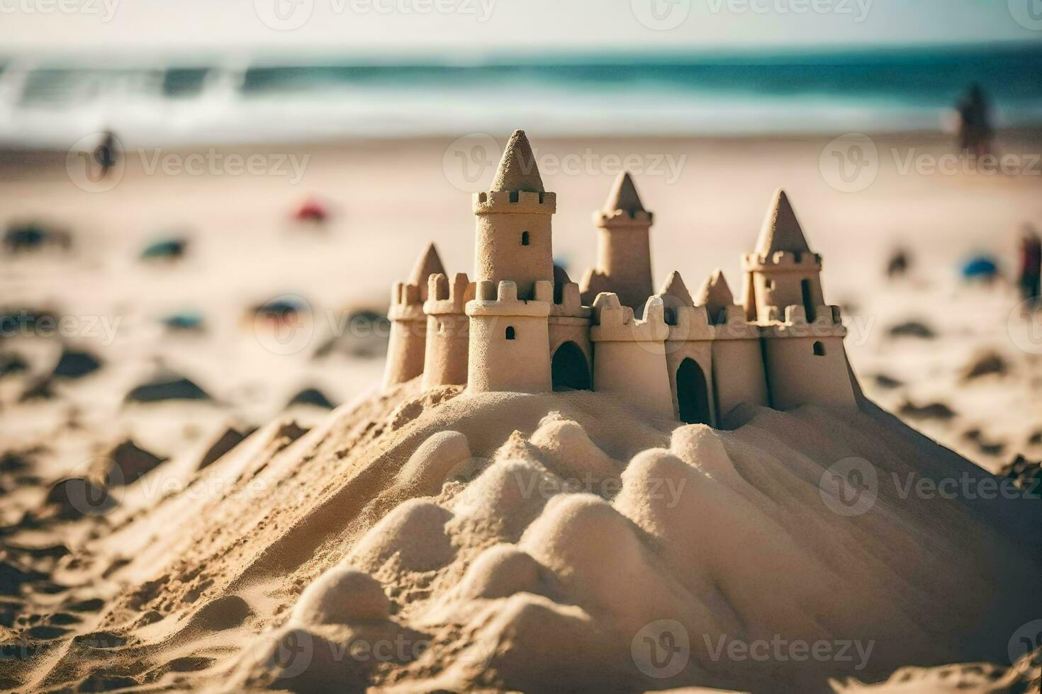 arena castillo en el playa. generado por ai foto