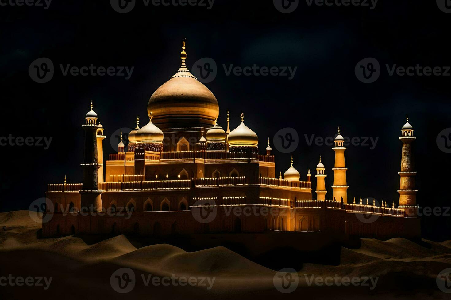 a large, golden mosque in the desert. AI-Generated photo