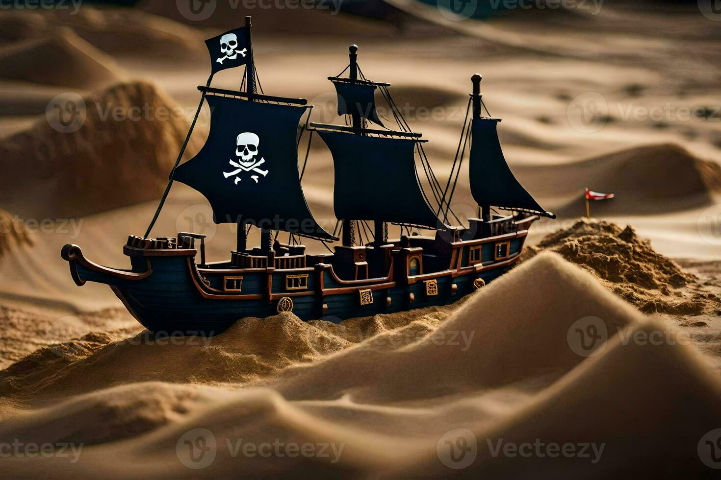 a pirate ship is in the sand. AI-Generated photo