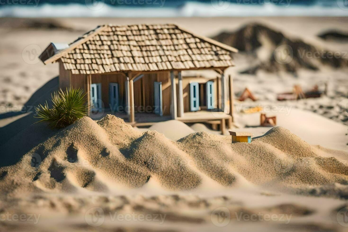 a miniature house on the beach with sand. AI-Generated photo