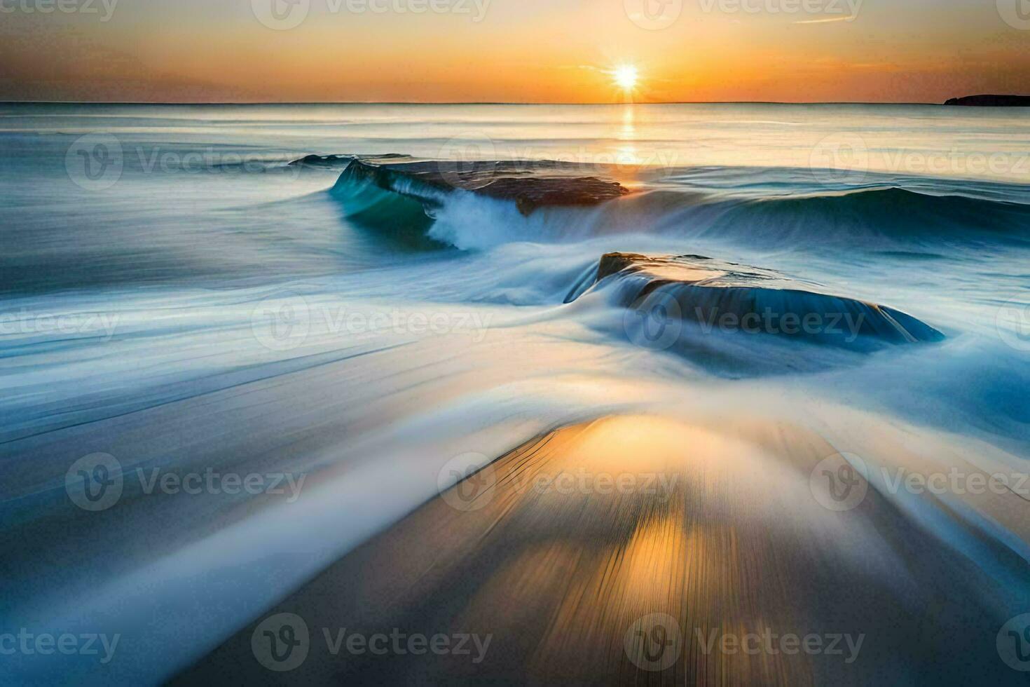 the sun sets over the ocean in this long exposure photograph. AI-Generated photo