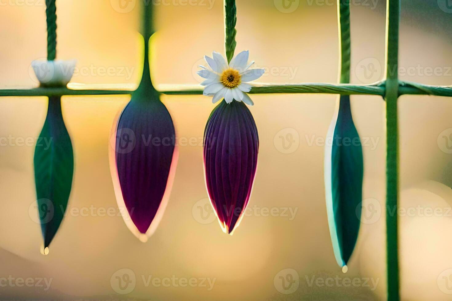 four flowers are hanging from a fence. AI-Generated photo