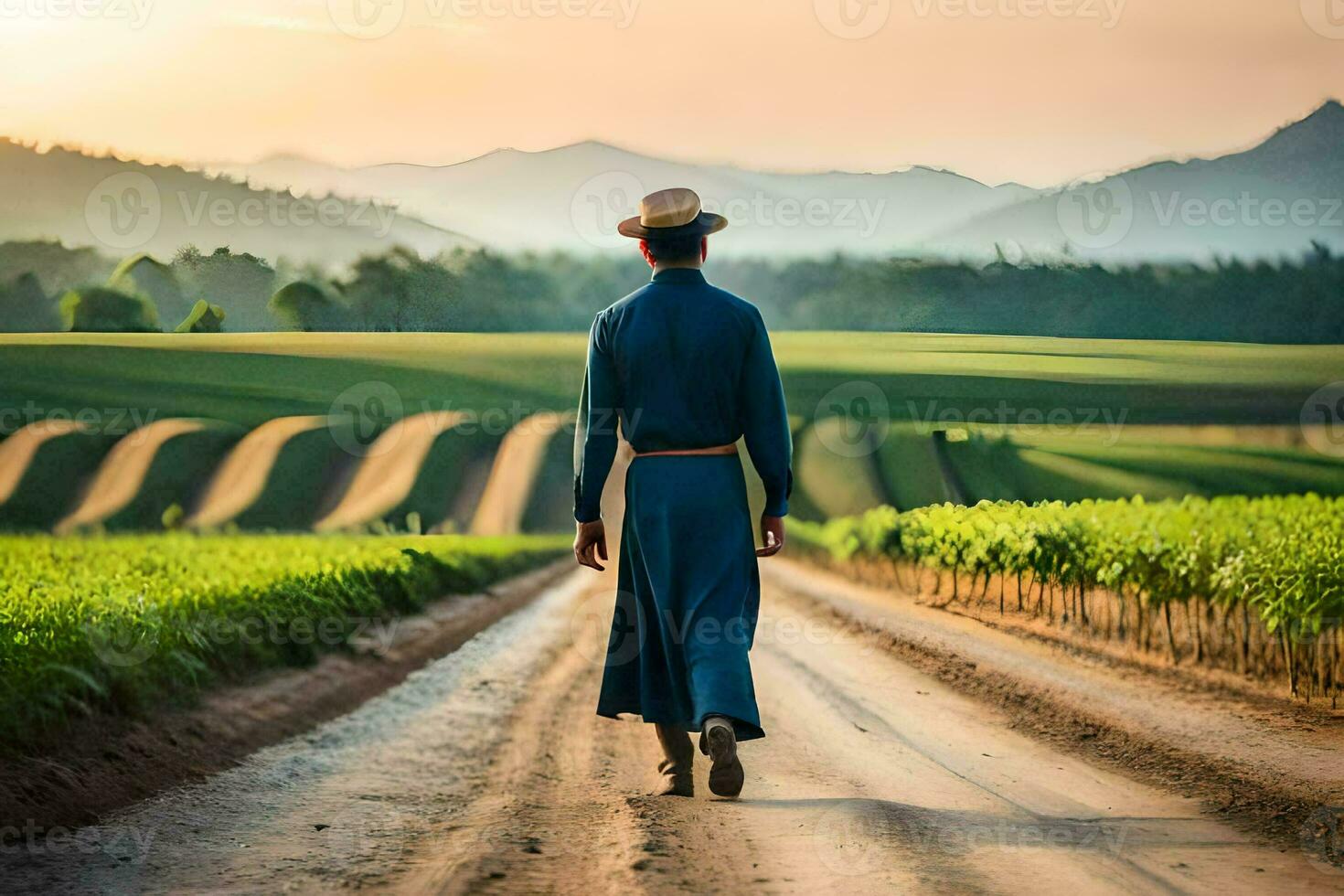 un hombre en un sombrero camina abajo un suciedad la carretera en un campo. generado por ai foto