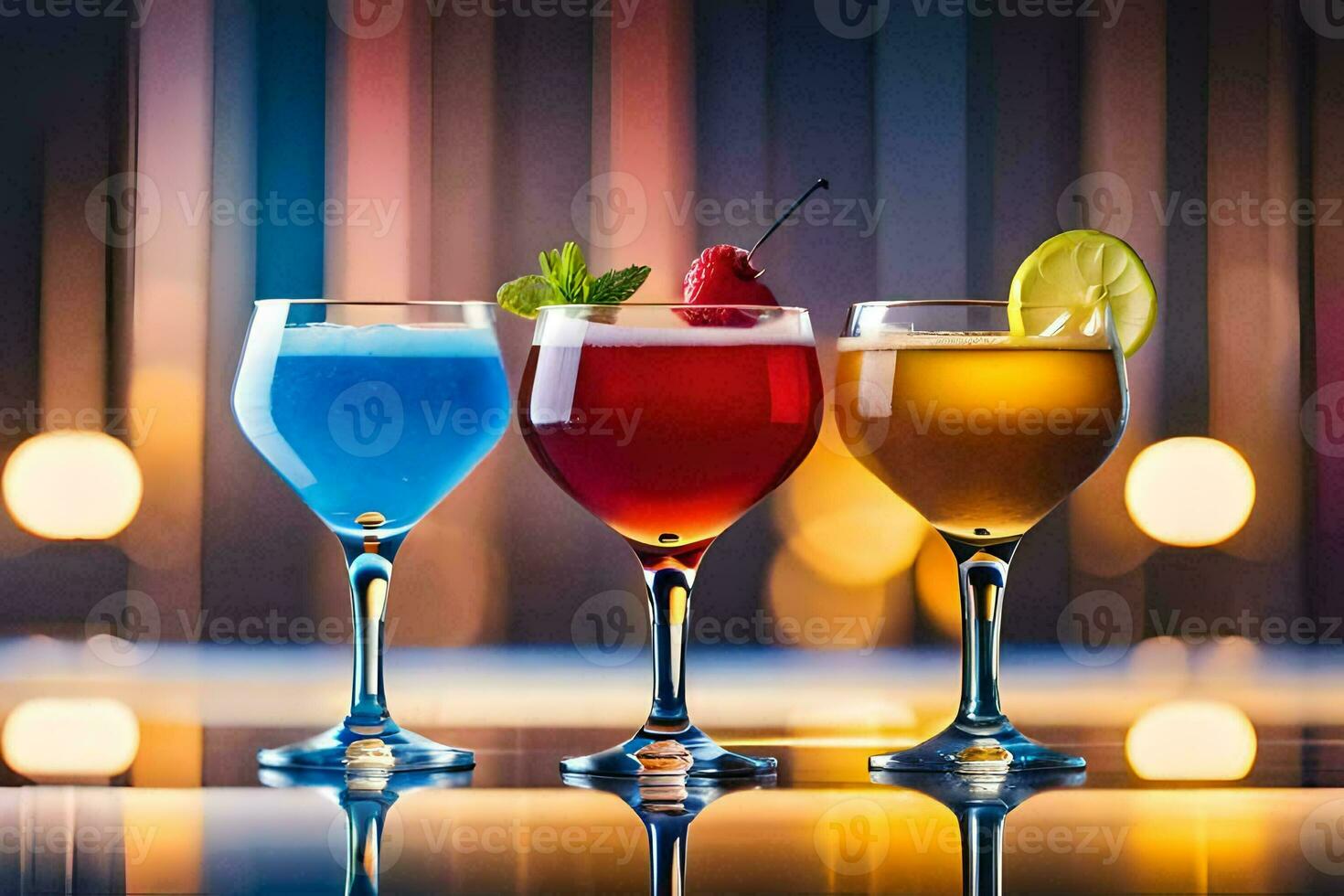 three different colored cocktails in glasses on a table. AI-Generated photo