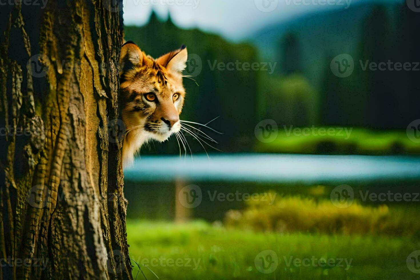 a lynx is peeking out from behind a tree. AI-Generated photo