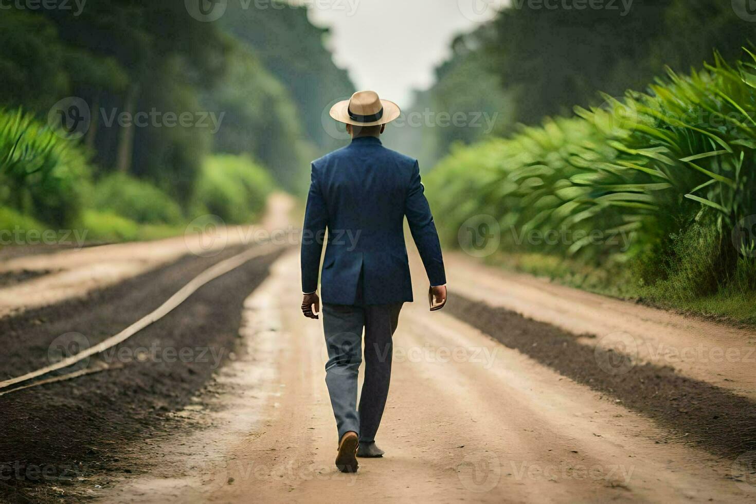 a man in a suit and hat walks down a dirt road. AI-Generated photo