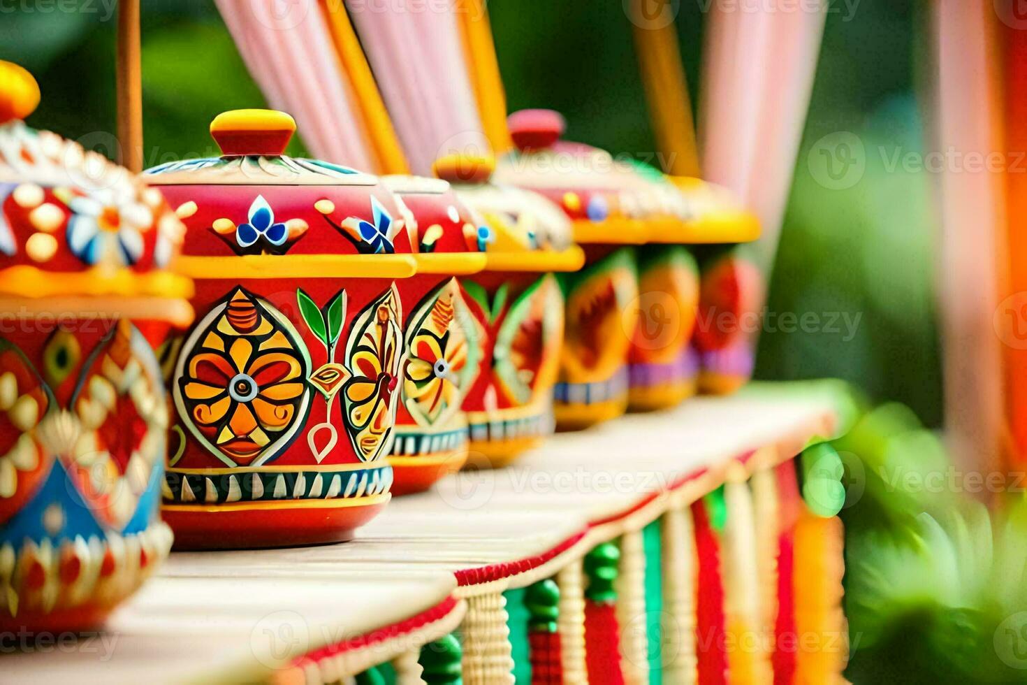 colorful pots on a wooden table with colorful decorations. AI-Generated photo