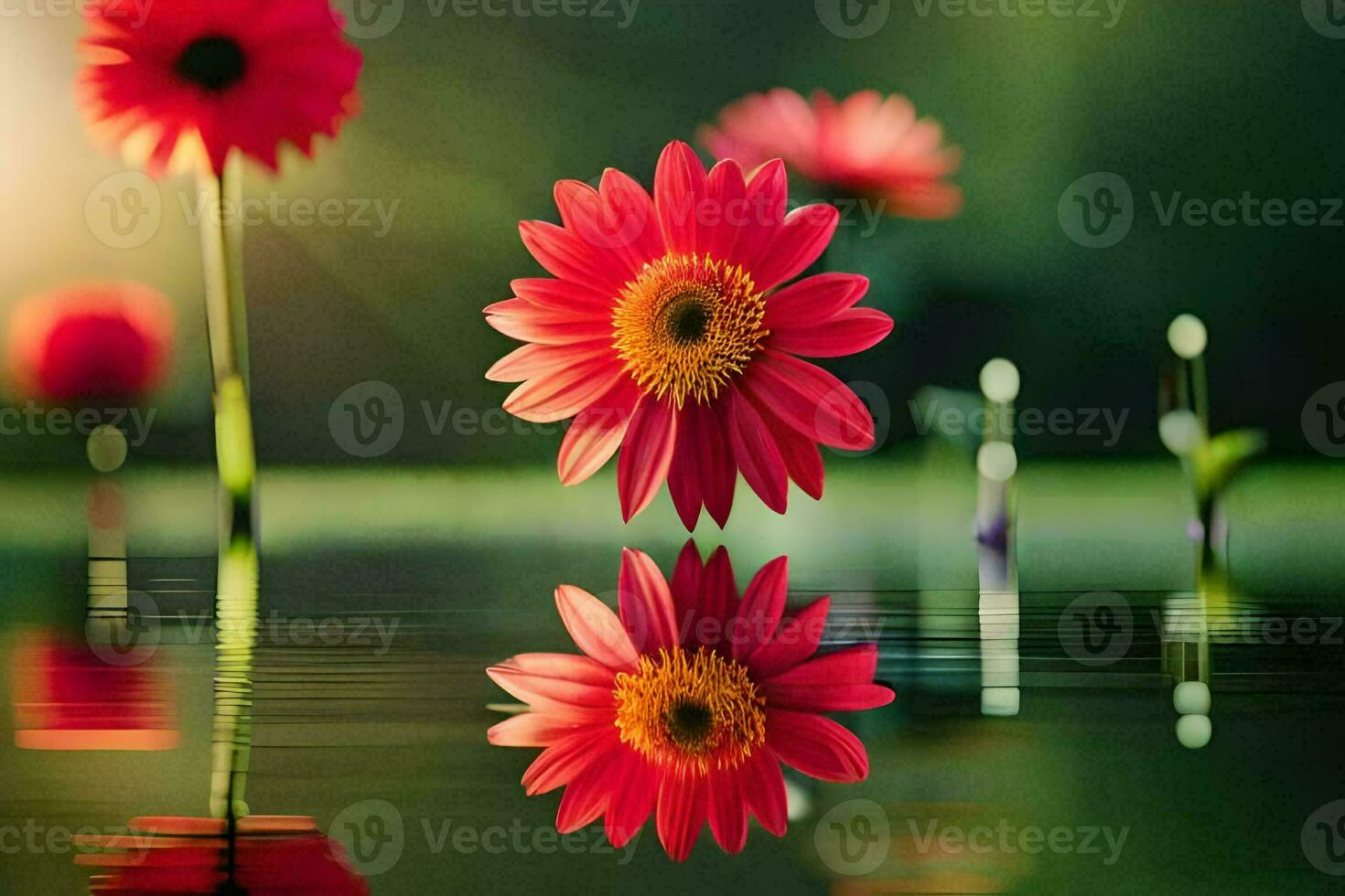 red flowers in the water with sun shining. AI-Generated photo