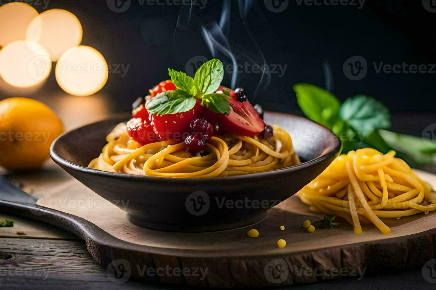 spaghetti with tomatoes and basil on a wooden plate. AI-Generated photo