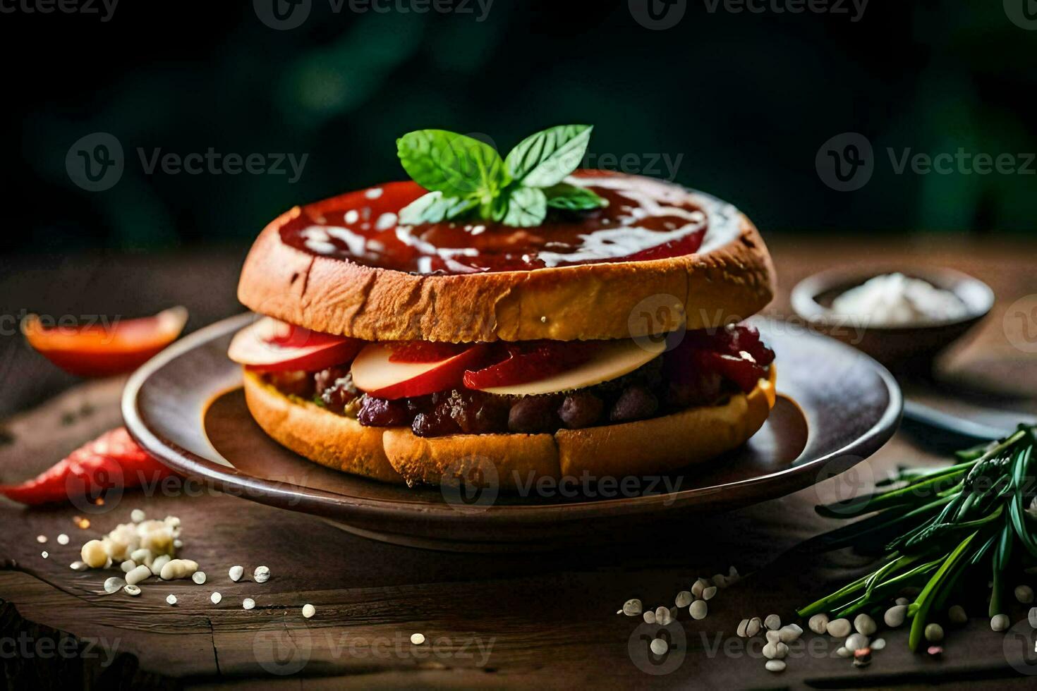 a hamburger with ketchup and cheese on a plate. AI-Generated photo