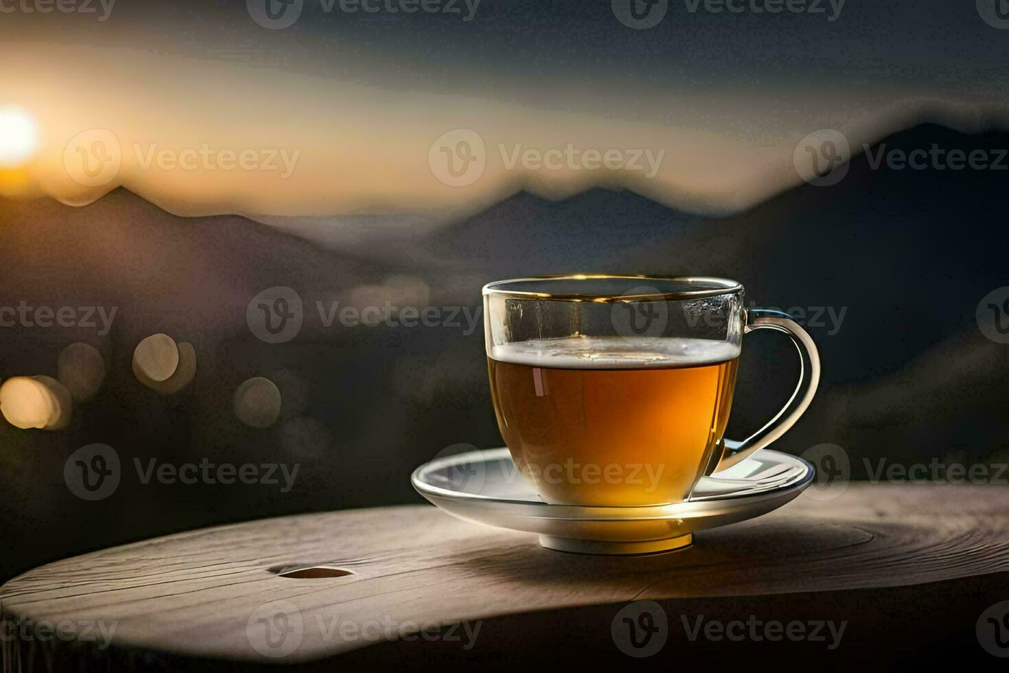 un taza de té en un montaña cima. generado por ai foto