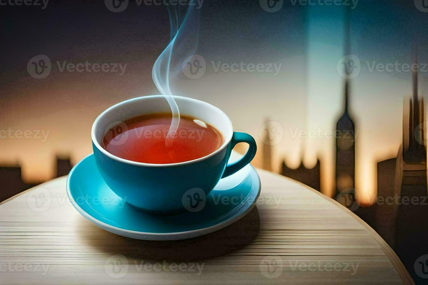 a cup of tea on a table in front of a cityscape. AI-Generated photo