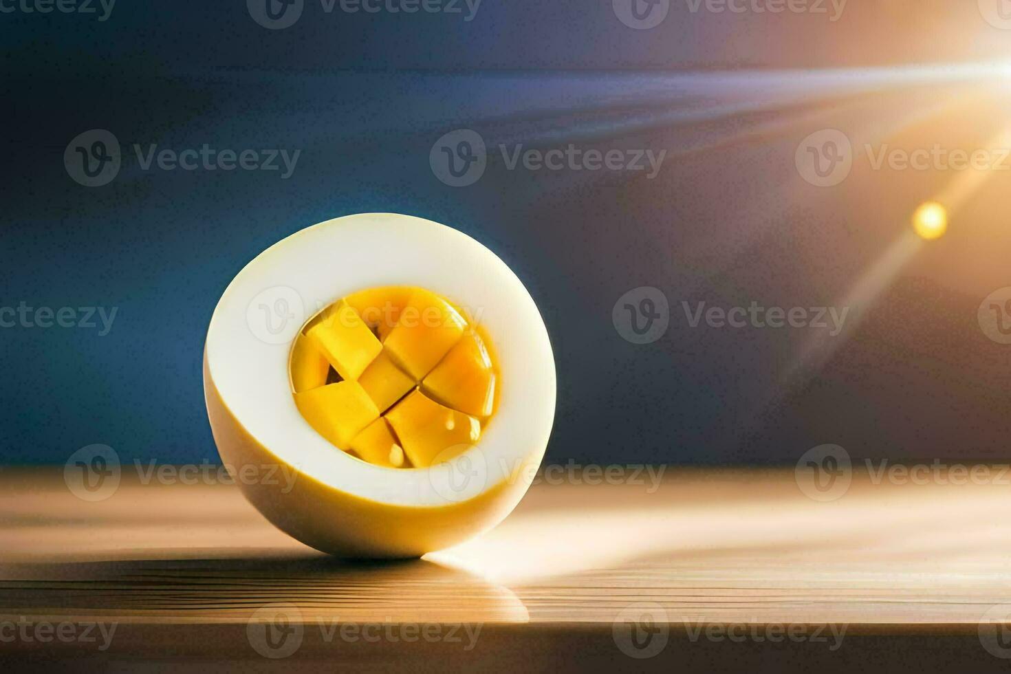 an egg half cut in half on a table. AI-Generated photo