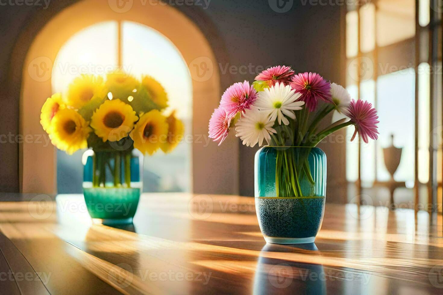 two vases with flowers on a table in front of a window. AI-Generated photo