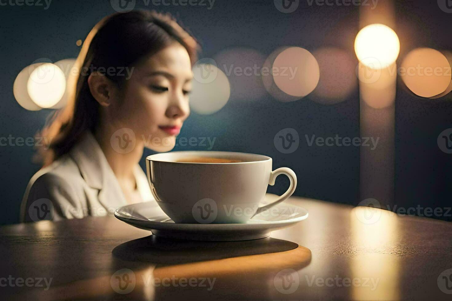 a woman is sitting at a table with a cup of coffee. AI-Generated photo