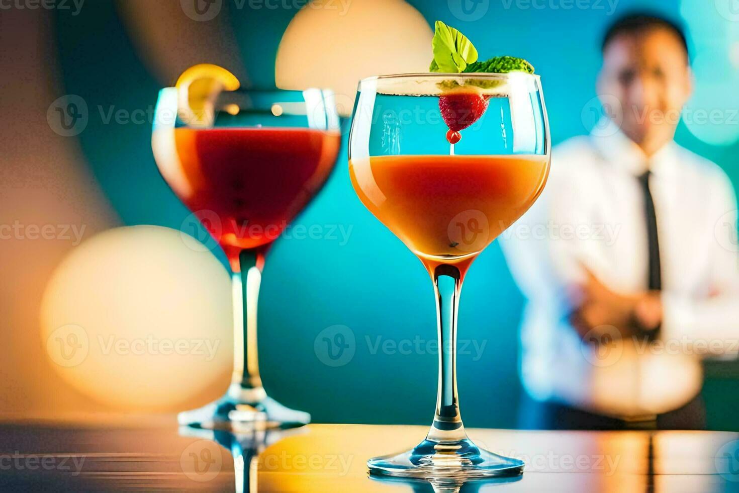 two glasses of cocktails with a man standing behind them. AI-Generated photo