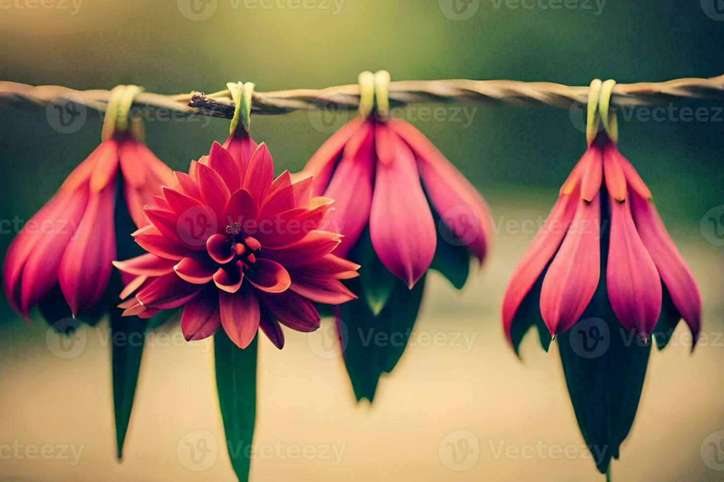 three pink flowers hanging from a wire. AI-Generated photo