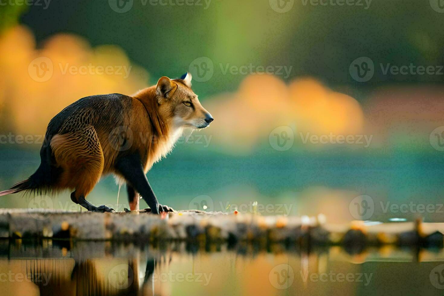 un zorro en pie en un Iniciar sesión cerca un lago. generado por ai foto