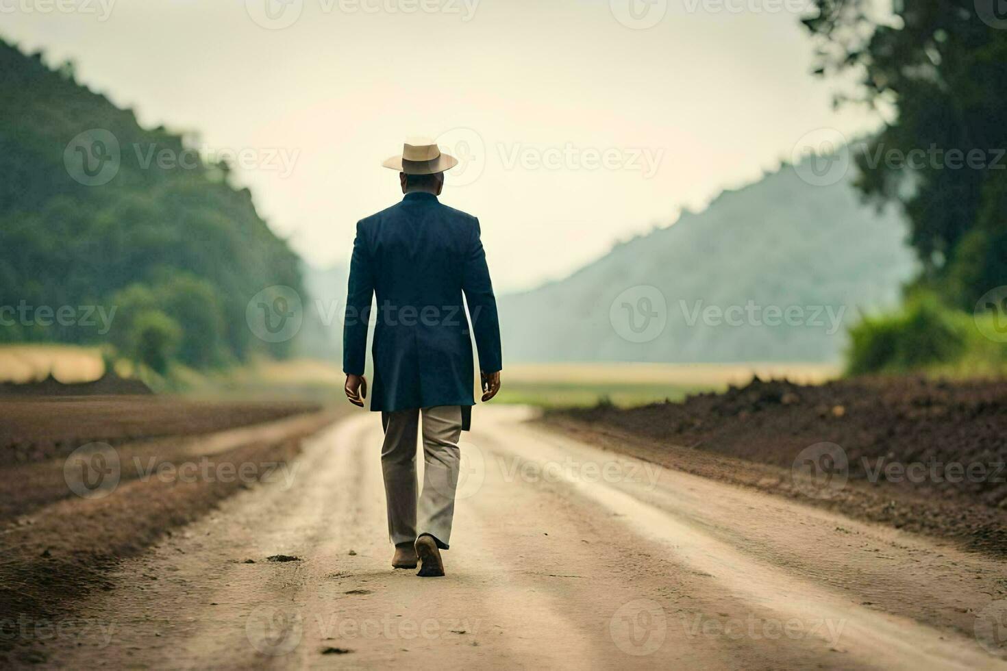 a man in a suit and hat walking down a dirt road. AI-Generated photo